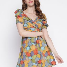 IQRAAR Green Floral Wrap Mini Dress-image-35