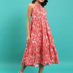 Tokyo Talkies Red & White Floral Print Empire Midi Tiered Fit and Flare Dress-image-69
