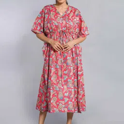 SHOOLIN Floral Printed Midi Pure Cotton Kaftan Nightdress-picture-11
