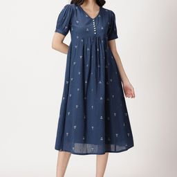 Saffron Threads Geometric Woven Design Puff Sleeve Fit and Flare Pleated Cotton Midi Dress-image-84