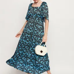 Ruhaans Floral Printed Square Neck Flared Sleeve Chiffon Fit & Flare Dress-image-55