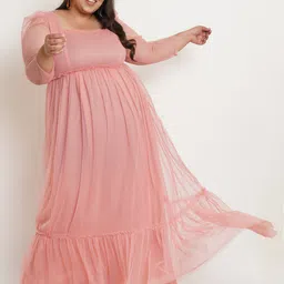 U&F Women Pink Square Neck Net Maxi Dress-52