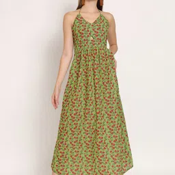 Moomaya Floral Printed Halter Neck Maxi Georgette Dress-45