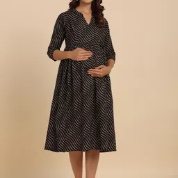 CRAFIQA Striped Printed Maternity Cotton Fit & Flare Midi Dress-image-42