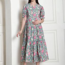 Secret Wish Floral Print Cotton Maternity Fit & Flare Dress-image-5