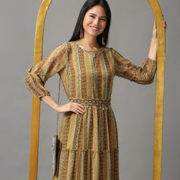 SHOWOFF Olive Green Ethnic Motifs Layered Chiffon Ethnic Maxi Dress-picture-8