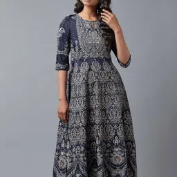 W Women Blue & White Ethnic Motifs Ethnic Maxi Dress-image-97