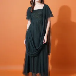 U&F Green Square Neck Flared Sleeves Embroidered Net Maxi Fit & Flare Dress-picture-18