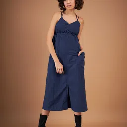SASSAFRAS Navy Blue Shoulder Straps Empire Parachute Midi Dress-image-71
