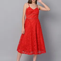 Justin Whyte Self Design Shoulder Straps Lace Inserts Fit & Flare Midi Dress-image-12