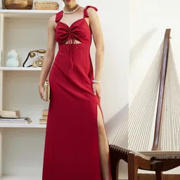 Berrylush Red Sweetheart Neck Flutter Sleeves Tie Ups Maxi Dress-image-5