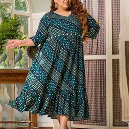 PrettyPlus by Desinoor.com Plus Size Bandhani Printed V-Neck Midi Dress image 3