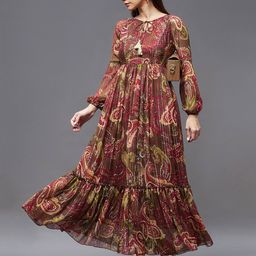 all about you Brown Ethnic Motifs Printed Puff Sleeve Midi Tie-Up Dress-image-36
