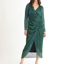 RAREISM V-Neck Long Sleeves Shimmer Wrap Midi Dress-image-30