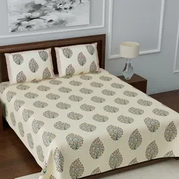 LIVING ROOTS Off-White & Blue Ethnic Motifs 180 TC Cotton 1 King Bedsheet with 2 Pillow Covers-18