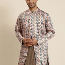 SOJANYA Men White & Pink Printed Printed Tailored Jacket-image-59