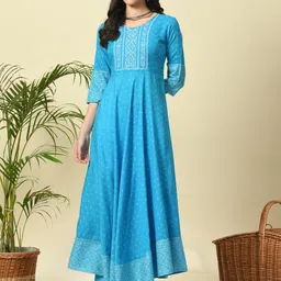 GLOWWORLD Floral Printed Round Neck A-Line Kurta-image-7