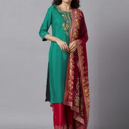 AURELIA Women Green Ethnic Motifs Embroidered Kurta with Palazzos & With Dupatta-picture-37
