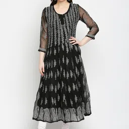 Indiankala4u Women Black Paisley Chikankari Georgette Anarkali Kurta-picture-33