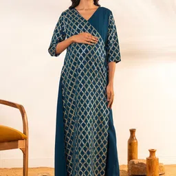 Janasya Ethnic Motifs Foil Printed Angrakha Maternity Anarkali Kurta-image-30