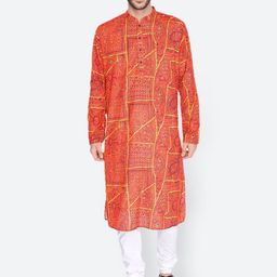 NAMASKAR Men Red Pathani Cotton Linen Printed Kurta-picture-6