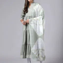 KALINI Women Floral Embroidered Mandarin Collar Tiered Anarkali Kurta-image-34