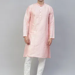 MANQ Men Pink Mandarin Collar Printed Straight Kurta-picture-14