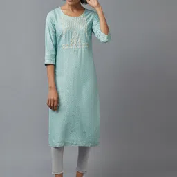 W Women Blue Geometric Printed Thread Work Kurta-image-76
