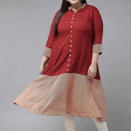 KALINI Plus Size Colourblocked Mandarin Collar A-Line Kurta-picture-53
