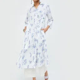 Melange by Lifestyle Shirt Collar Floral Printed Thread Work Cotton A-Line Kurta-picture-30