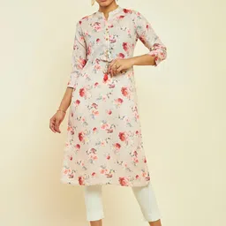 Soch Floral Printed Band Collar Linen Straight Kurta-19