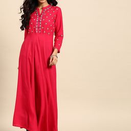 all about you Red Floral Yoke Designed Mandarin Collar Cotton Anarkali Kurta-picture-13