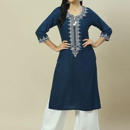 Rangriti Floral Yoke Design Notch Neck Thread Work Straight Kurta-image-40