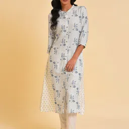 W White & Blue Ethnic Motifs Printed A-Line Kurta-picture-9