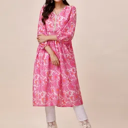 Inddus Floral Printed Puff Sleeves Pleated A-Line Kurta-20