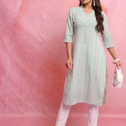Vishudh Blue Striped V-Neck Three-Quarter Sleeves Empire Kurta-picture-49