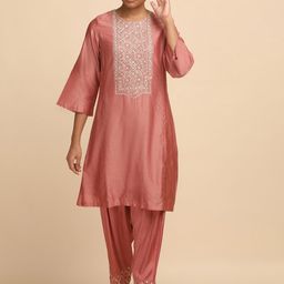 W The Folksong Collection - Women Dusty Pink Cotton Silk Short Kurta-picture-45