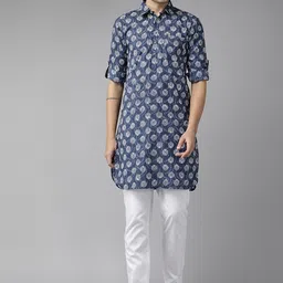 See Designs Men Floral Printed Indigo Pure Cotton Pathani Kurta-45