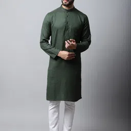 even Men Green Geometric Thread Work Pathani Kurta-picture-3