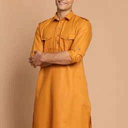VASTRAMAY Men Mustard Yellow Solid Cotton Pathani Kurta-image-9