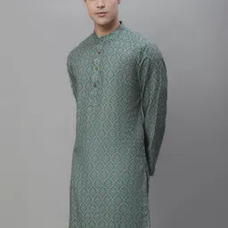 Anouk Teal & Red Ethnic Motif Printed Band Collar Kurta-picture-35