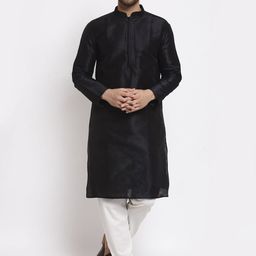 MOHANLAL SONS Men Black Solid Mandarin Collar Dupion Silk Straight Kurta-image-61