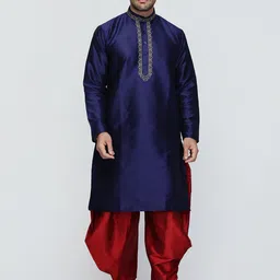 ROYAL KURTA Men Blue Yoke Design Thread Work Kurta-35