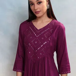 Vishudh Women Embroidered Mirror Work A-Line Kurta-34