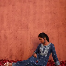 INDYA Women Printed Round Neck Thread Work Anarkali Kurta-image-18
