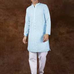 Exotic India Blue Elixir Lukhnavi Chikan Kurta Pajama Set with Embroidered Paisleys-picture-26