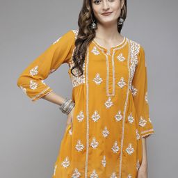 ADA Mustard Yellow & White Ethnic Motifs Embroidered Chikankari Handloom Kurti With Slip-picture-0