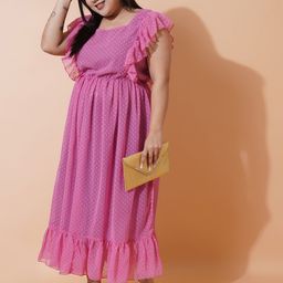 U&F Beyond Polka Dot Printed Flutter Sleeves Ruffled Midi Dress-38