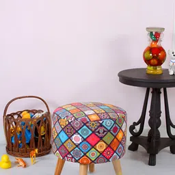 Shadowkart Orange & Yellow Ethnic Motifs Printed Velvet Pouffe Sitting Ottoman-50