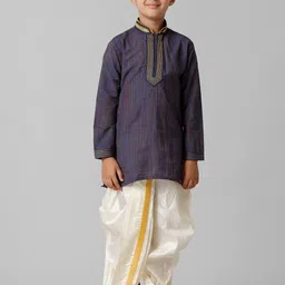 Ramraj Boys Striped Mandarin Collar Thread Work Straight Kurta With Dhoti Pants-picture-3